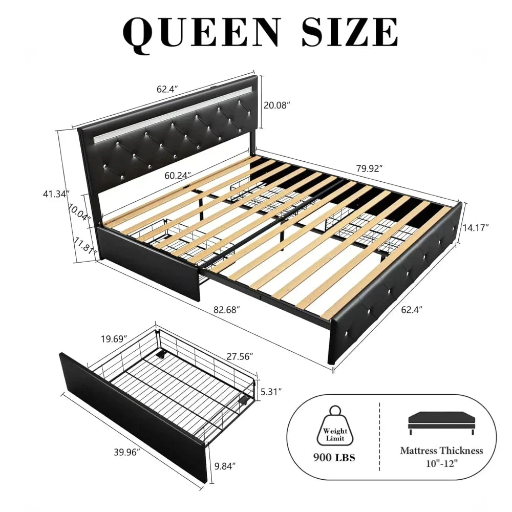 Upholstered LED Queen Bed Frame