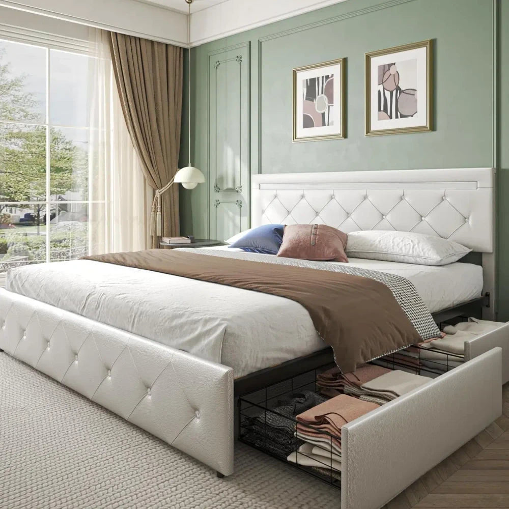 Upholstered LED Queen Bed Frame