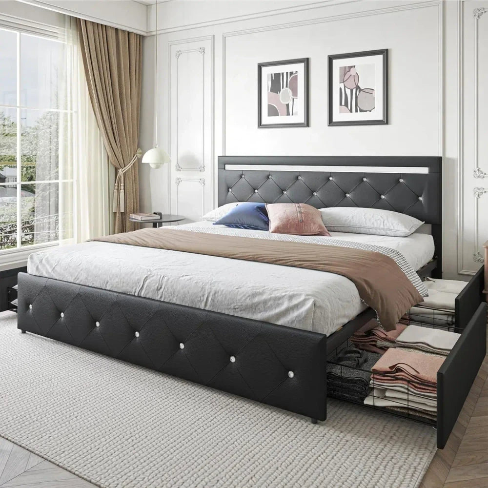 Upholstered LED Queen Bed Frame