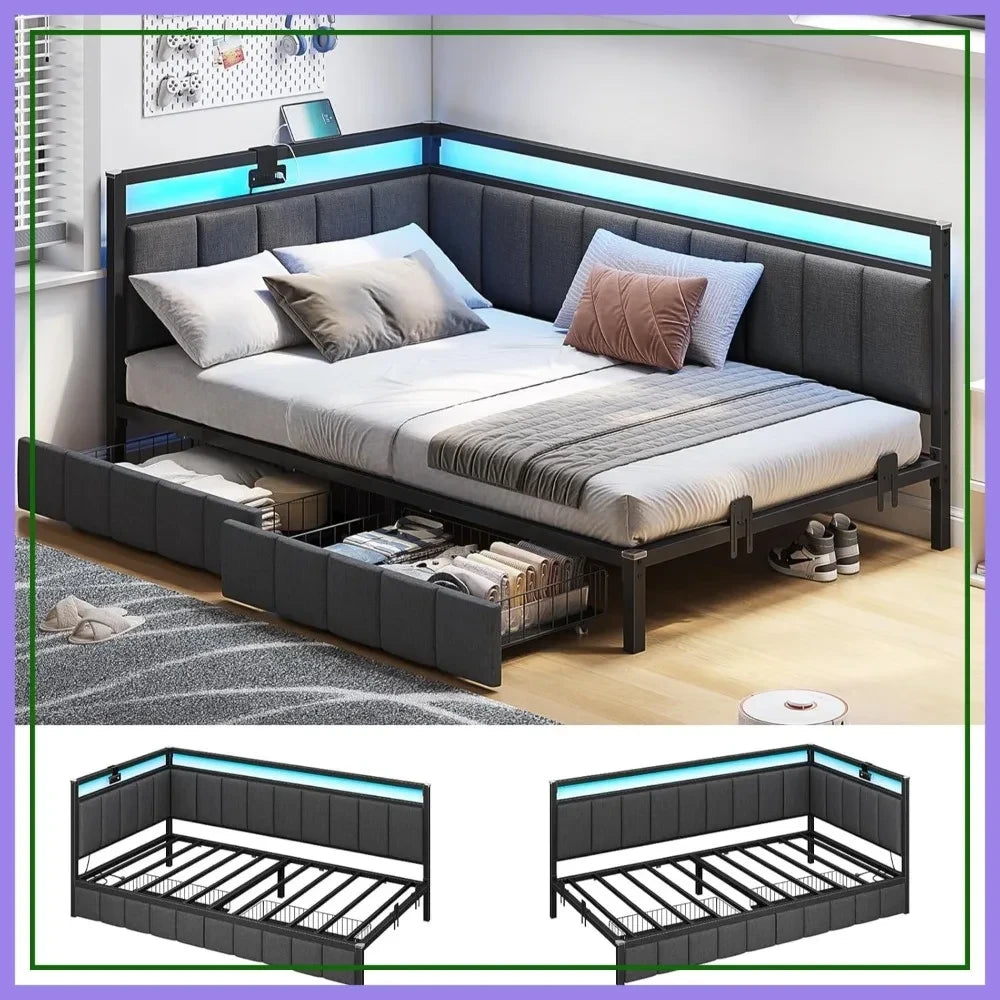 Twin XL Corner Bed Frame with LED Lights