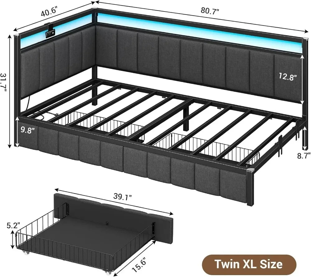 Twin XL Corner Bed Frame with LED Lights