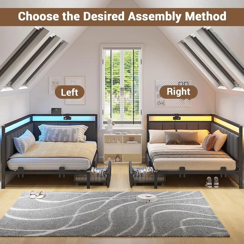 Twin XL Corner Bed Frame with LED Lights