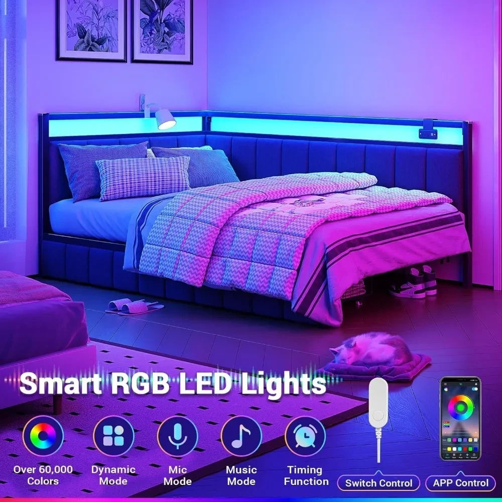 Twin XL Corner Bed Frame with LED Lights